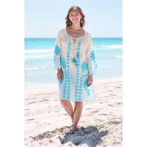 Debbie‎ Katz Elia Tunic Dress Medium Blue Yellow Ombre Embroidered South Beach